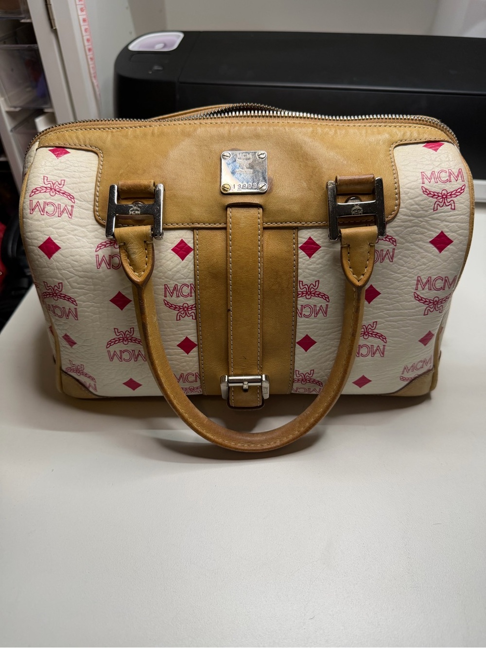 MCM Cream & Tan Visetos Satchel with Pink Logo Print